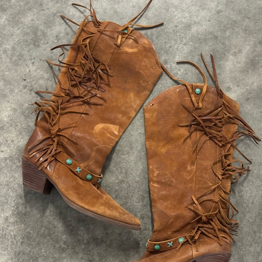Reba Brown Leather Fringe Ankle Boots